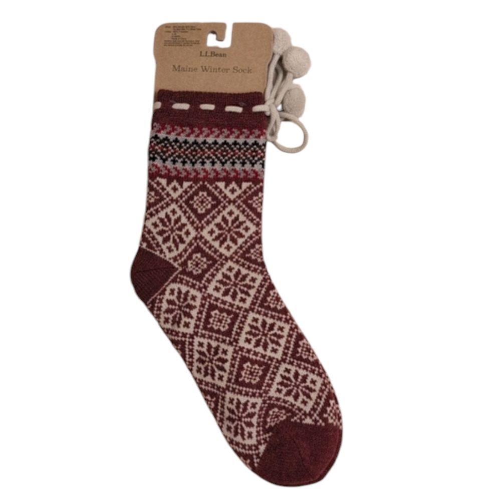 NWT LL Bean Maine Winter Sock Maroon and White Knit with pom poms size L-XL